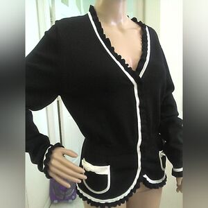 VINTAGE 90S LUX KATE HILL KNIT Elegant Black Cardigan W/ Cream Accents" SZ. XL